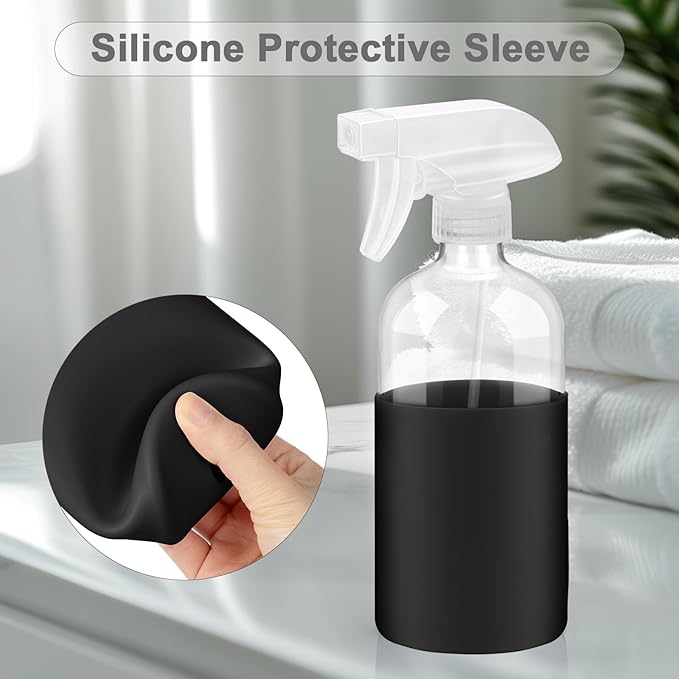 Worldgsb 2 Pack Glass Spray Bottles with Long Silicone Sleeve, 16 oz Empty Refillable Containers with Adjustable Spray Nozzles, Spray Bottles for Hair, Cleaning Solutions and Plants 2 Pack Black