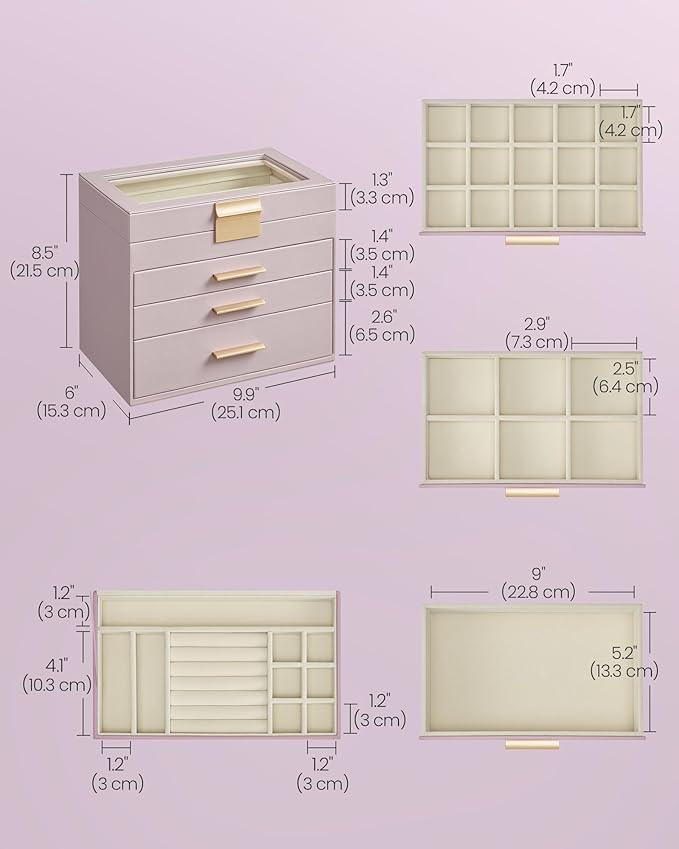 SONGMICS Jewelry Box Organizer with Glass Lid, 4-Layer Jewelry Storage, with 3 Drawers, Modern Style, 6 x 9.9 x 8.5 Inches, Lavender Purple and Gold Color UJBC161P01