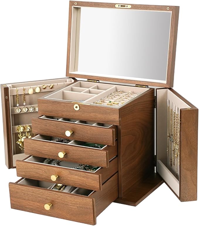 Walnut Wooden Jewelry Box,5-Layer Mirror,Velvet Jewelry Organizer with 11.8x7.8x10.4 Inches,Side Doors Brass Handle Jewelry Organizers Storage for Women Bridesmaid Christmas Gifts