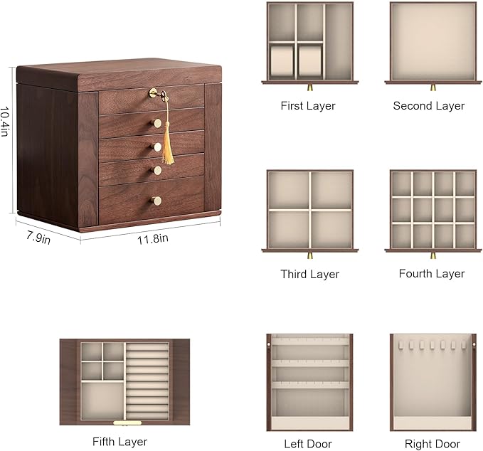 CHOSIN Black Walnut Wooden Jewelry Box for Women with Mirror, 5 Drawers and 2 Side Doors for Watches, Necklaces, Rings, Earrings Storage Valentine's Day Gift