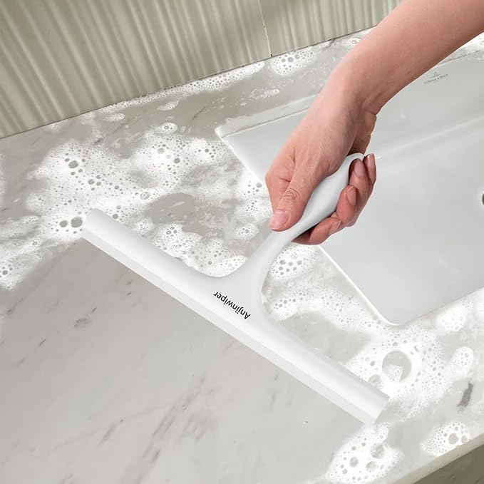 Anjinwiper All-Purpose Shower Squeegee for Shower Glass Door with Adhesive Hook, Silicone Squeegee for Shower Doors, Bathroom, Windows, Mirrors, Shower Cleaner Tool Household Squeegee(10 inch-White)