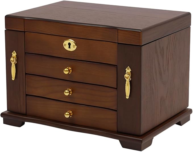 Jewelry Box Organizer with Lock and Mirror, 4-Layer Large Wooden Jewelry Storage Case for Rings Earrings Necklaces Bracelets, Christmas New Year Gifts,Soft Velvet Lining&Jewelry Hooks&Magnetic Door