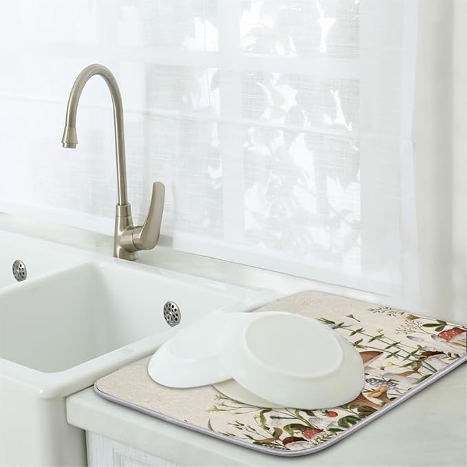 Hexteria Dish Drying Mat for Kitchen Counter Kitchen Drying Mat Dish Rack Mat Dish Drainer Pad Microfiber Absorbent Washable Drying Pad for Countertop, Mushroom
