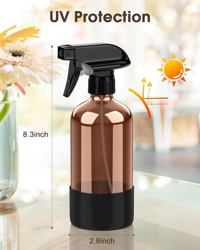 Bontip Glass Spray Bottle with Silicone Sleeve Protection, Amber Glass Spray Bottle Set for Window Cleaner Aromatherapy Facial Hydration Watering Flowers Hair Care 2 Pack/16 oz (Black & Orange, 16 oz)