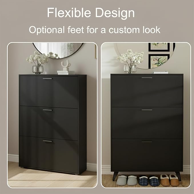 Black Shoe Storage Cabinet - Fit up to Size 16, 3 Flip Drawers, Wooden Organizer for Entryway, Closet, Living Room