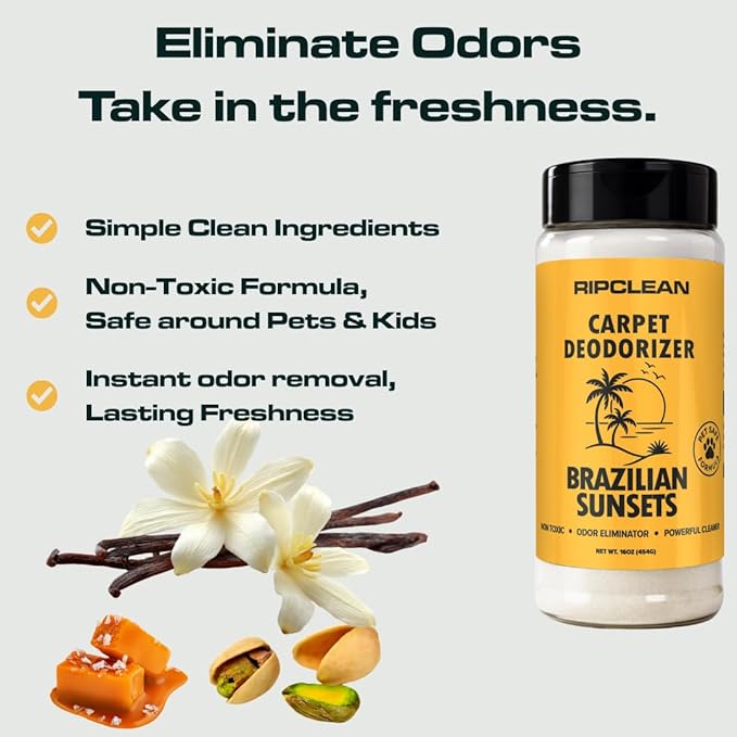 Ripclean Carpet Deodorizer & Freshener Cleaning Powder, Odor Eliminator for Strong Odors & Homes w/Pets, Safe around Kids & Pets, Use on Carpet, Rugs, Upholstery & More (16 Ounce, Lemon)