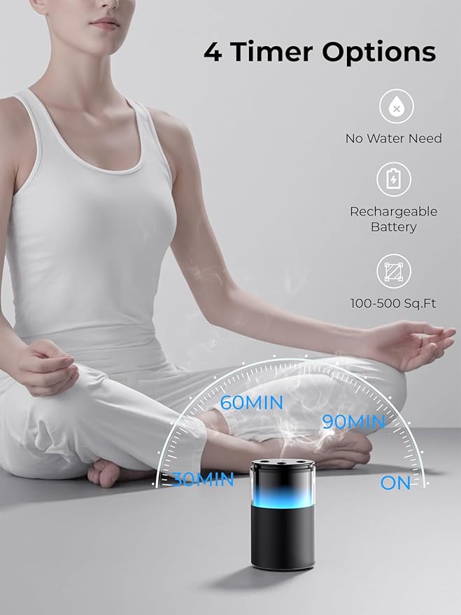 Waterless Diffuser for Essential Oil: Mini Battery Scent Diffuser for Room&Home&Car with 9 Colors LED Light - Aroma Cool Mist Machine Dark Black