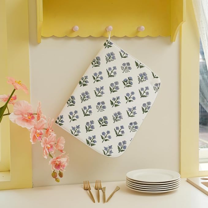 Vintage Blue Sage Green Floral Dish Drying Mat 18 x 24 Inch Block Print Floral Drying Mat for Kitchen Counter Absorbent Boho Flowers Dishes Dry Pad for Drainer Rack Kitchen Fast Dry