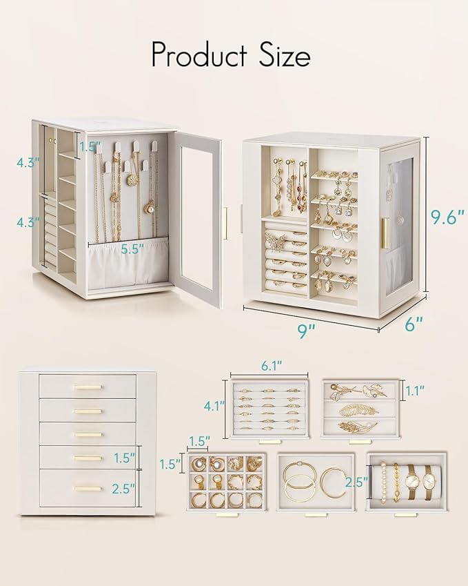Vlando 360° Rotating Jewelry Box with 5 Drawers, Large Jewelry Storage with 2 Glass Window, PU Leather Jewelry Organizer for Bracelets, Necklaces, Earrings, Rings - Cloud White