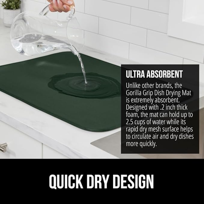 GORILLA GRIP Ultra Water Absorbent Microfiber Dish Drying Mat 2 PK, Quick Dry Thick Mesh, Slip Resistant Pad for Sink Dishes Under Rack, Kitchen Counter Accessories, Machine Wash, 18x16 Hunter Green