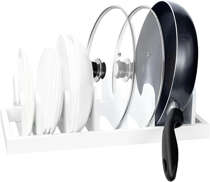 MinBoo Bamboo Pot Lid Organizer Pot Lid Holder, Pot and Pan Organizer Drawer Organizer for Pot Lids, Pans, Cutting Boards & Baking Sheets, Dinner Plates, Reusable Containers in Cabinet Storage,White