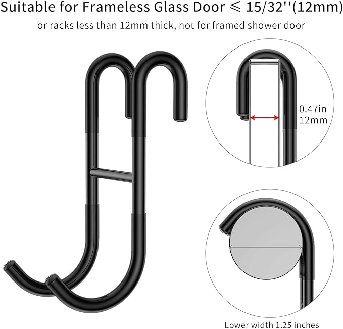 Over Door Hooks, Shower Hooks 2-Pack Black Frameless Glass Shower Door, Towel Hooks for Bathroom