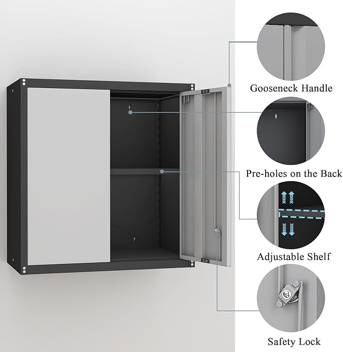Metal Storage Cabinet, 28" Wall Mount Storage Cabinets with Locking Doors and Shelf, Metal Garage Tool Storage Cabinets for Laundry Room, Kitchen, Pantry
