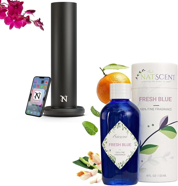 Dynamo Essential Oil Diffuser with Fresh Blue Essential Oil, Bundle of Smart Waterless Diffuser & Essential Oils for Diffusers for Home, Office, Spa – Black