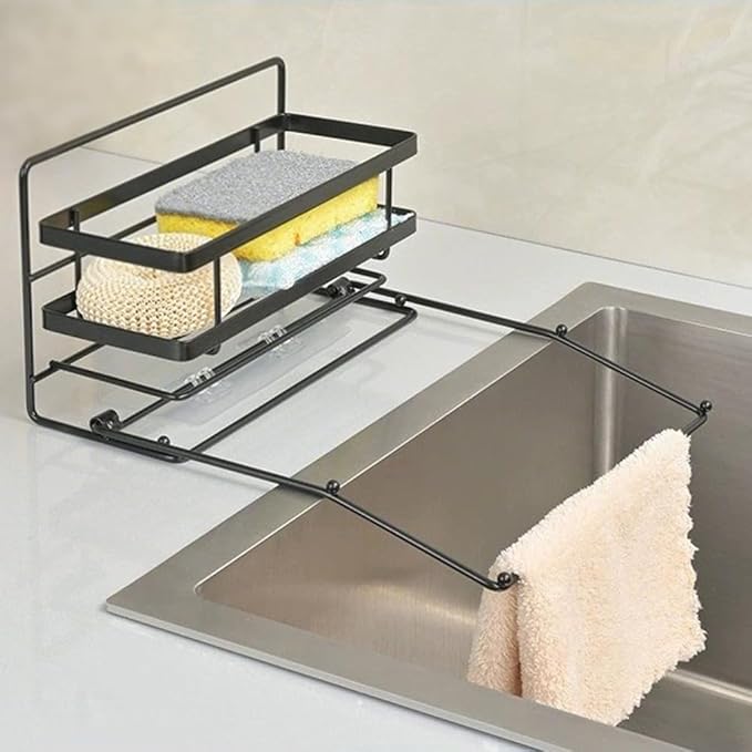 Luoshanvee Kitchen Sink Caddy Countertop Organizer with Foldable Dish Rag Holder for Sponge Dish Soap Steel Wool Scrubber,Sink Caddy with Drain Rack Food Strainer