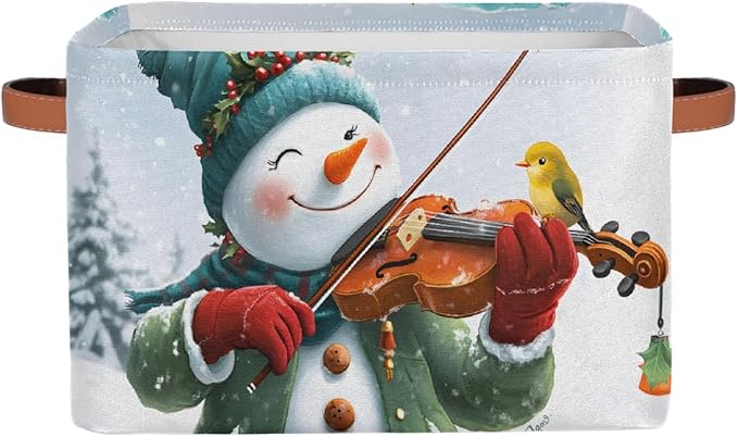 Storage Baskets Bin, Christmas Winter Snowman Collapsible Canvas Fabric Storage Bin Decorative Baskets Toy Organizer Rectangle Storage Boxes with Handles for Home Shelves Nursery, J-020