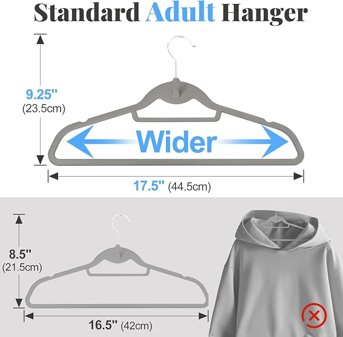 UEAKPIC Velvet Felt Stackable Hangers 50 Pack, Non Slip, with 360° Swivel Hook, Ultra Thin and Space Saving for Suits, Shirts, Coats, 15Lbs Capacity Heavy Duty, Gray