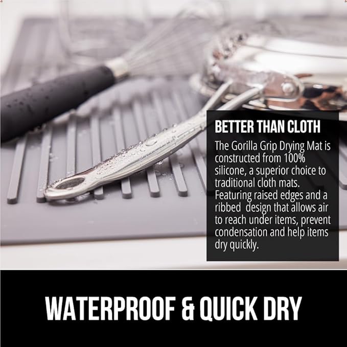 GORILLA GRIP 100% BPA-Free Patented Silicone Dish Drying Mat for Kitchen Counter, 18x16 Inch, Water Catching Ribbed Design, Easy Clean Waterproof Sink Liner, Heat Resistant, Fits Under Rack, Gray