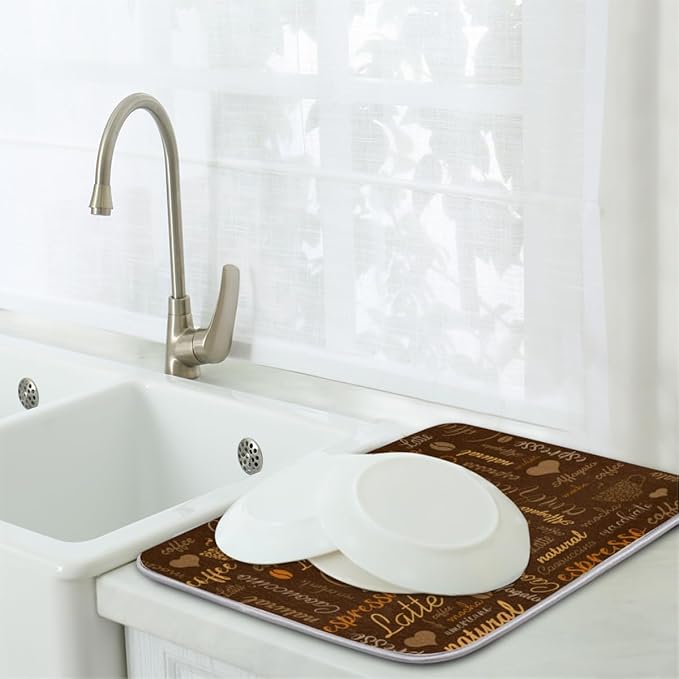 Hexteria Coffee Dish Drying Mat for Countertops, Quick Drying Mat for Kitchen, 16"x18", Brown