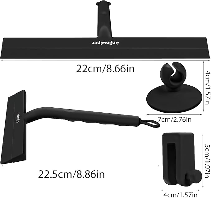 Anjinwiper Shower Squeegee for Glass Doors with Adhesive Hook, All-Purpose Squeegee for Shower Glass, Bathroom, Window, Mirror, Car Glass and Tile Wall-8.6 Inches,Black
