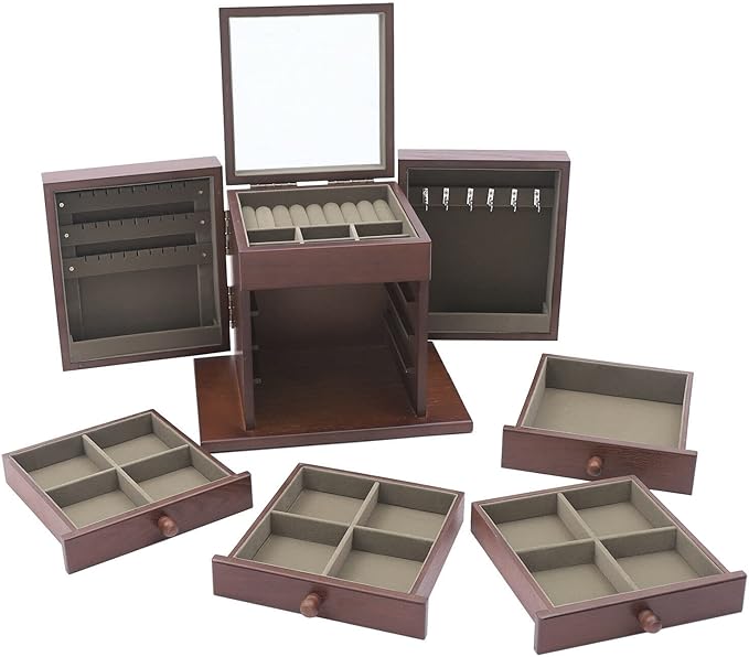 5-Layer Large Jewelry Box Organizer with Mirror and 4 Drawers, Soft Velvet Lining, Wooden Jewelry Boxes & Organizers,Jewelry Storage for Rings Earrings Necklaces Bracelets Christmas New Year Gift