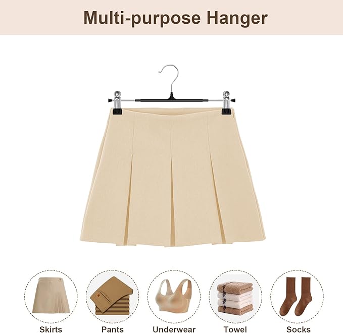 POZEAN Pants Hangers with Clips 50 Pack, 12 Inch Adjustable Skirt Hangers for Women, Space Saving Non-Slip Hangers for Shorts, Jeans, Coat, Kids' Clothes (Black, 50Pack)