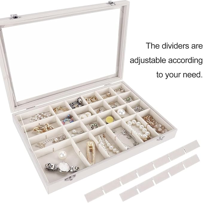 Mebbay 35 Grid Earring Organizer Velvet Jewelry Tray Organizer Felt Jewelry Box Tray Holder with Clear Lid for Drawer, Earring Necklace Bracelet Ring Healing Stones Storage (Creamy White)