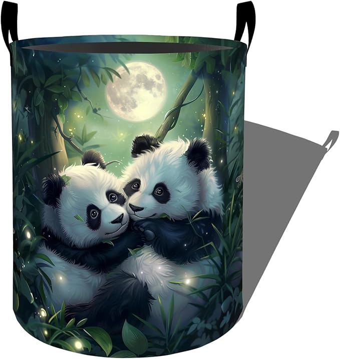 Romantic Moonlight Panda Love Laundry Basket with Handles, 19.7"x15.7" Clothes Foldable Laundry Hamper Organizer for Dorm Nursery Bedroom Bathroom Decor, Toy Storage Bin for Kids