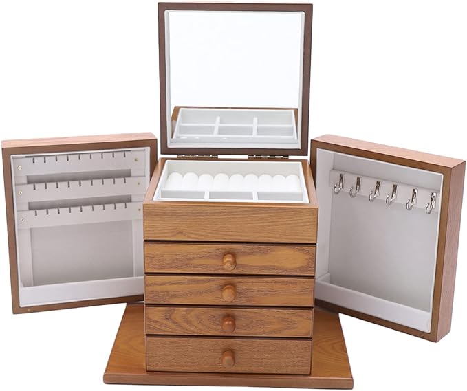 Wooden Jewelry Box for Women, 5-Layer Wooden Jewelry Organizer Boxes with 4 Drawers, Vintage Solild Wood Storage Case for Jewelries, Watches, Necklace, Ring (Light Brown)