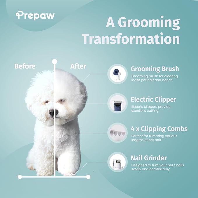 Prepaw Premium Pet Grooming Kit with Vacuum, 11000Pa Suction Power, 2.5L Dust Cup, 7 Grooming Tools, Cordless Paw Trimmer, Nail Grinder, Large Capacity Dust Cup, Whisper Operation, USA Design