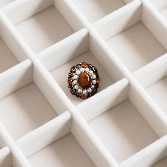 Wudygirl Wooden Jewelry Box 40 Grid Jewelry Organizer Jewelry Tray with Lid Vintage Earring Holder Organizer Jewelry Display for Rings Earrings Bracelets Adjustable Divider (Beige 40 Grid)