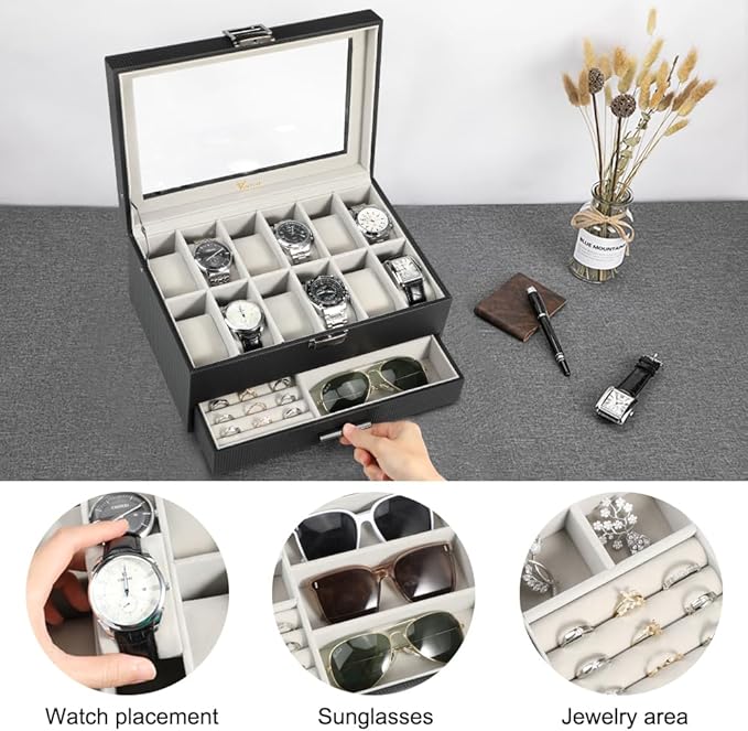 Voova Jewelry Box Watch Boxes Organizer for Men Women, 2 Layer Large 12 Slot PU Leather Watch Storage Case, Glass Top Jewelry Display Holder for Watches Sunglasses Rings Necklaces Bracelets,Black+Grey