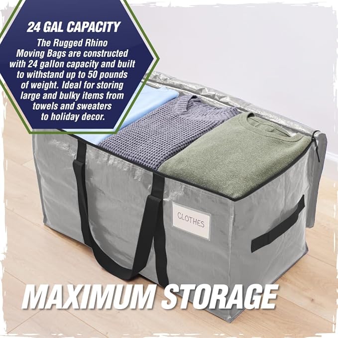 RUGGED RHINO 6 Pack Heavy Duty Extra Large Moving Bags, Durable Bag with Strong Handles and Zipper, Moving Boxes Alternative for College Packing, Holiday Décor, Space Saving Storage with Label, Silver