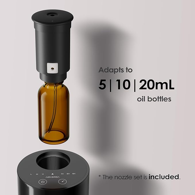 Airversa Waterless Essential Oil Diffuser Starter Kit with 2x20mL Hotel Fragrance Oils, Cordless Nebulizer for Car Home Office, Up to 600 sq ft, Mist/Timer Settings, Baterry Operated, AN6Kit-3, Black