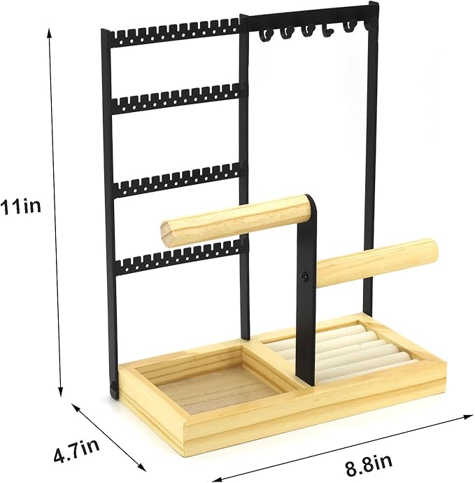 JONKASIPA Jewelry Holder Organizer Jewelry Stand, 4-Tier Necklace Stand Earring Holder with Wooden Tray, Jewelry Rack for Bracelets Watches and Rings Display Stand, Gifts for Women & Girls-Black