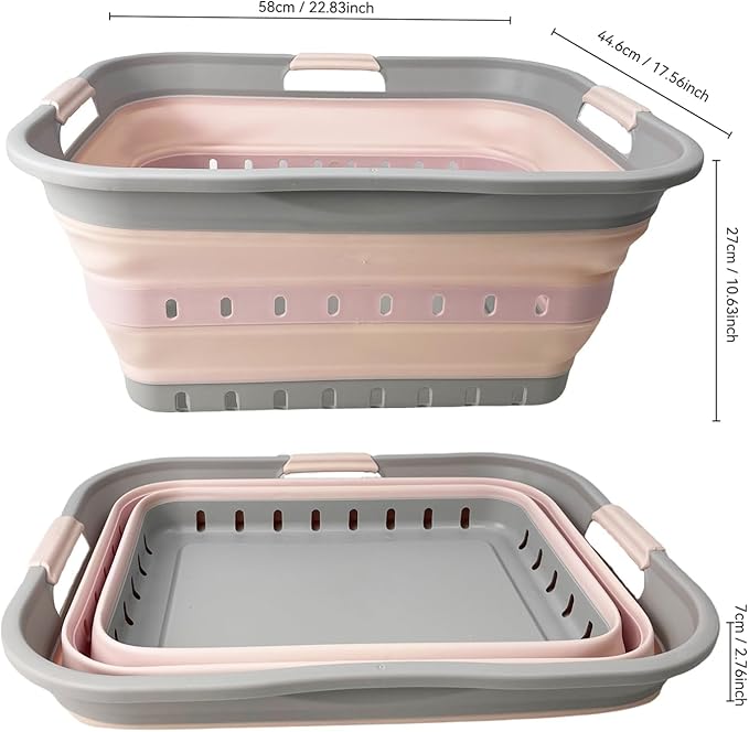 SAMMART 42 (11 Gallons) Collapsible Plastic Laundry Basket, Foldable Pop Up Storage Container/Organizer, Space Saving Hamper, Portable Bin for Dorm Room Bathroom (1, Grey/Pink)