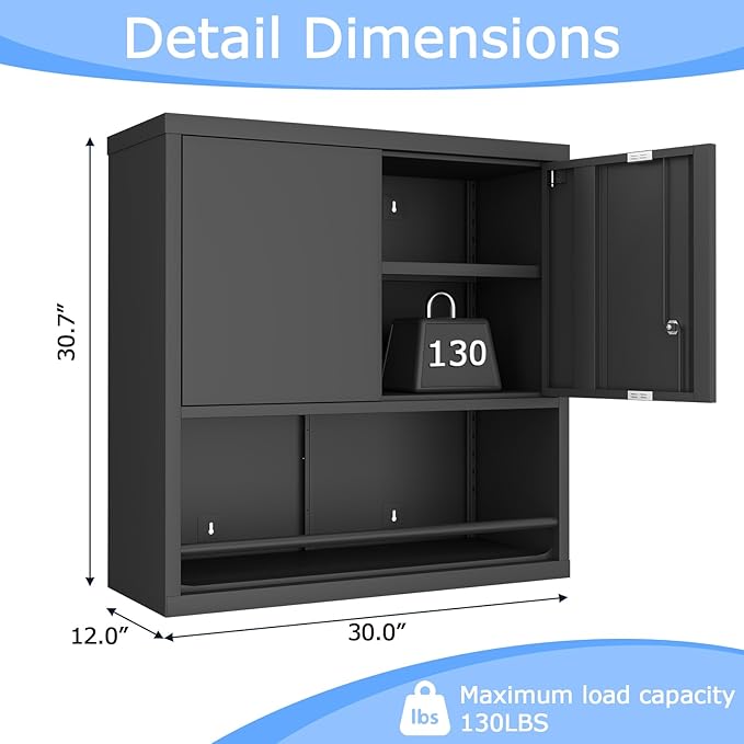 Garage Storge Cabinet, Metal Wall Storage Cabinet with Lock, Wall Mounted Heavy Duty Steel Tool Cabinet with Door and Shelf, Hanging Cabinet for Garage Warehouse Bathroom Kitchen
