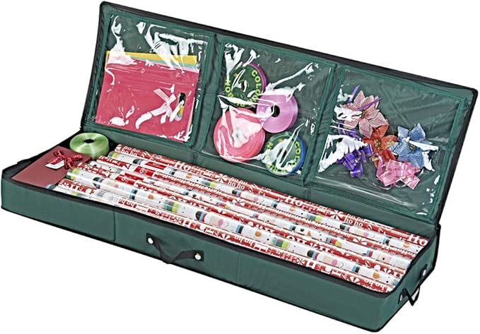 Primode Wrapping Paper Storage Container | Gift Wrap Organizer Under Bed | 41”x14”x6” | Box Holder for 18-24 Rolls Up to 40” | 600D Oxford Material | Pockets for Ribbon, Bows, and Accessories (Green)
