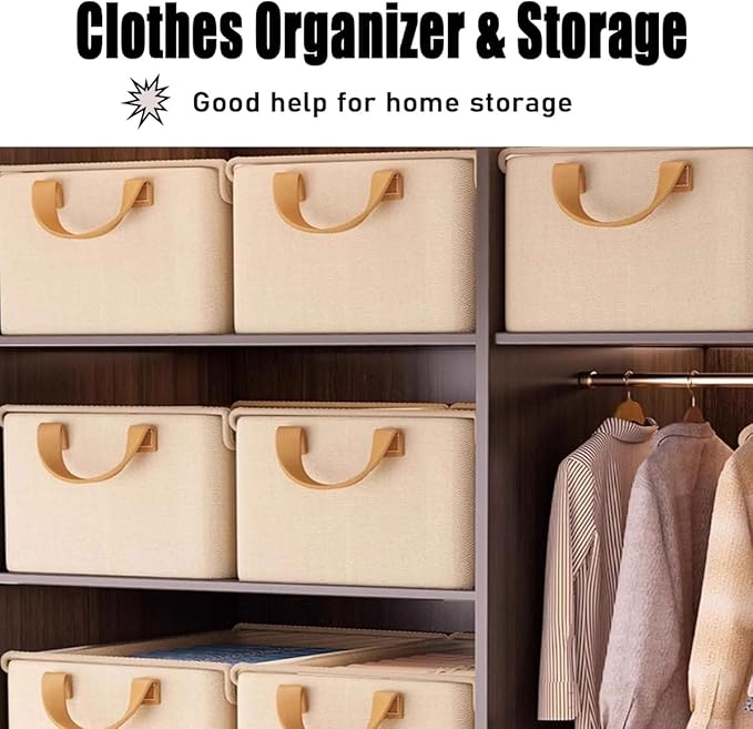 4PCS Foldable Storage Box with Lid - Extra Large Fabric Closet Organizer for Clothes, 18.5x11x7.9 Inch Canvas Bin, Collapsible Design for Bedroom, Shelf, Closet, Underbed (Beige)