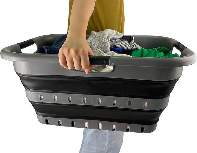 SAMMART 41L (10.8 gallon) Set of 2 Collapsible 3 Handled Plastic Laundry Basket-Foldable Pop Up Storage Container/Organizer-Portable Washing Tub-Space Saving Hamper/Basket (2, Grey/Black)