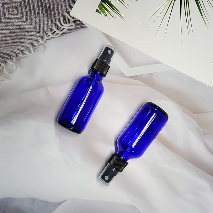 LIYUABU 60ml Blue Glass Spray Bottles,Small Empty Fine Mist Perfume Refillable Reusable Travel Spray Bottle for Essential Oils/Hair/Aromatherapy/Cleaning/Cosmetic with Extra Spray Nozzle(2 Pack)