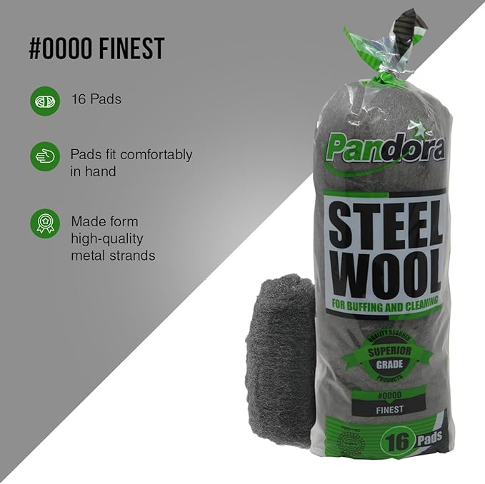 Pandora Steel Wool #0000 - Finest Grade, 240 Pads for Buffing and Cleaning - Metal Strands - Ideal for Windows and Furniture