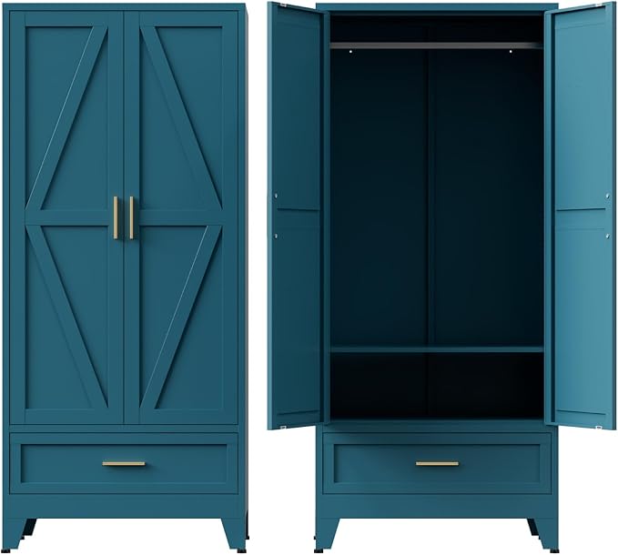 COFaR Metal Armoire Wardrobe Closet with Drawer, 71'' Tall Farmhouse Bedroom Armoires with Doors and Hanging Rod, Freestanding Steel Wardrobe Cabinet Coat Closet for Bedroom, Peacock Blue
