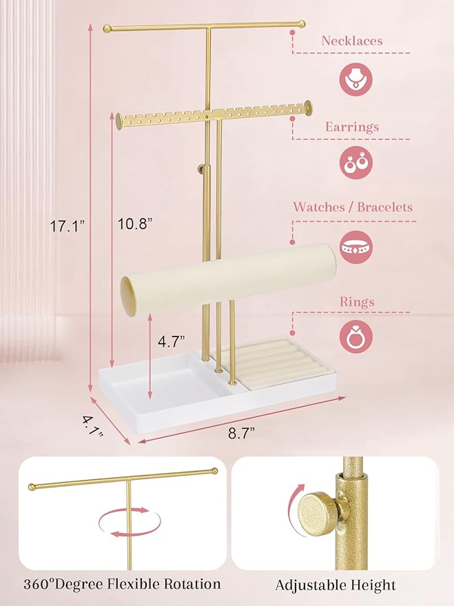 Jenseits 3-Tier Jewelry Holder Organizer:17.1" Adjustable Hanger, Velvet Ring Tray, Metal Aesthetic Display Stand for Necklaces, Earrings, Bracelets, Watches, Gold Jewelry Storage Tower Tree for Women