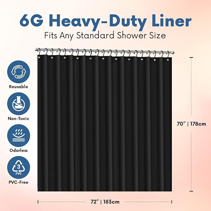Premium Shower Curtain Liner, 72"W X 72"H - PVC-Free, 6G PEVA Shower Curtain with 12 Rust Proof Grommets And Magnet-weighted Bottom Hem - Moisture Stain Proof Shower Curtain Liner - Black