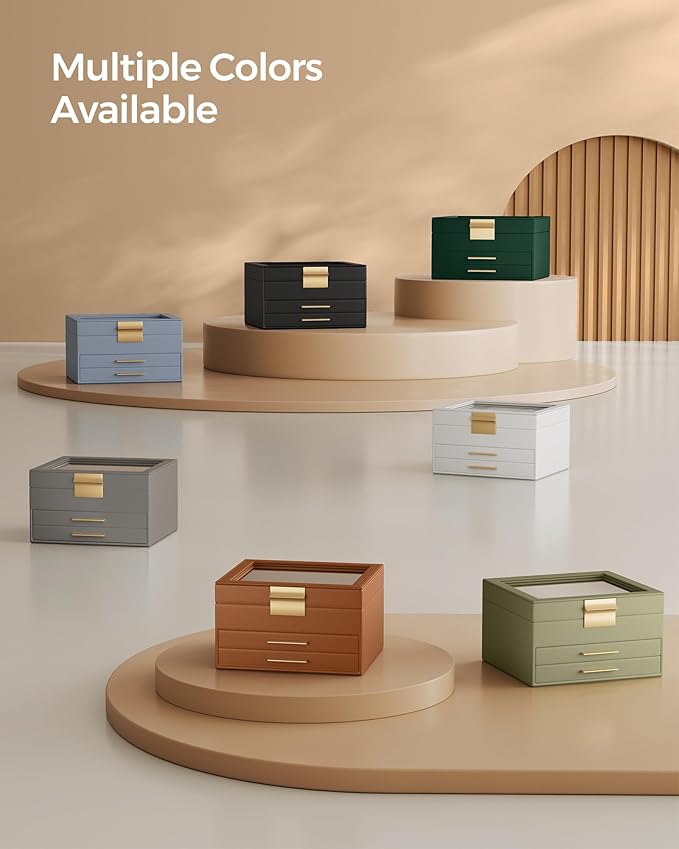 SONGMICS Jewelry Box Organizer with Glass Lid, 3-Layer Jewelry Storage, with 2 Drawers, Modern Style, 8 x 9.1 x 5.3 Inches, Laurel Green and Gold Color UJBC239C02