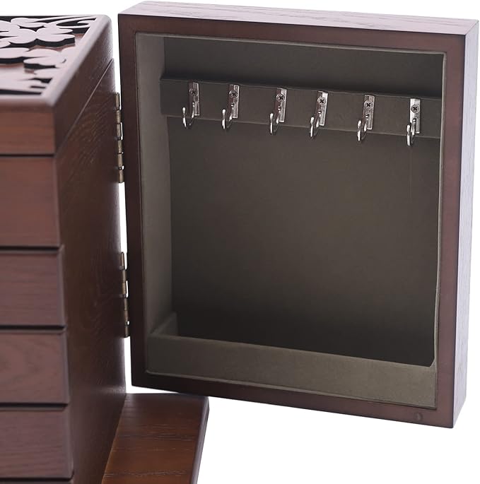 Wooden Jewelry Box for Women, 5-Layer Wooden Jewelry Organizer Boxes with 4 Drawers, Vintage Solild Wood Storage Case for Jewelries, Watches, Necklace, Ring (Dark Brown)
