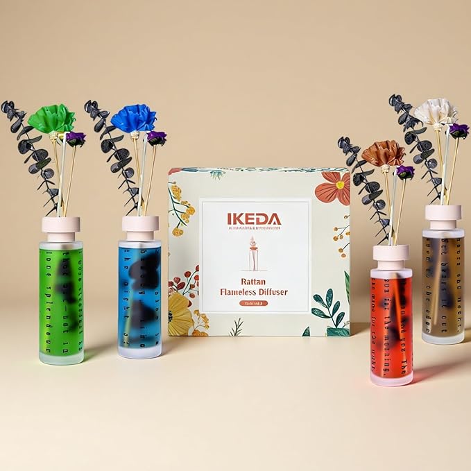 Ikeda Reed Diffuser Set of 4, Lavender, Gardenia, Rose&Tea Scented Diffuser with Sticks, 5.07 fl oz Each, Home Fragrance Essential Oils Diffusers for Bathroom, Shelf Decor&Air Fresheners