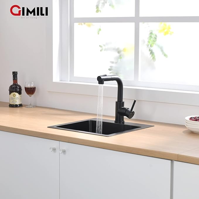 GIMILI Modern Bar Sink Faucet for Kitchen Sink Single Handle with Pull Out Sprayer Hot and Cold Prep Sink Faucet Matte Black
