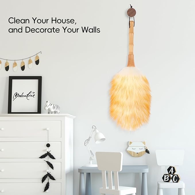 FeelfunFeather Feather Duster, Lambswool Duster for Cleaning,with Solid Wooden Handle,Leather Hang Strap,Anti-Static 14.9 inch Washable Reusable Small Hand Duster(Natural) for Office, Home and Car